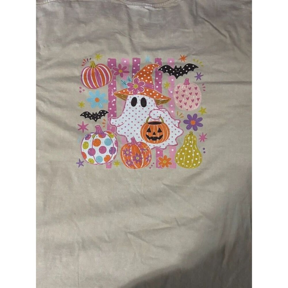 Pink Orange Halloween Ghost Pumpkin Graphic Tee XL 100% Cotton Retro Spooky